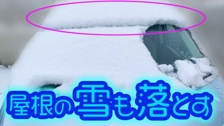 車の上に積もった雪。丸で囲った屋根の雪を落とす必要があるという画像